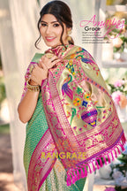 Mint Green Paithani Inspired Silk Saree with Pink Zari Border