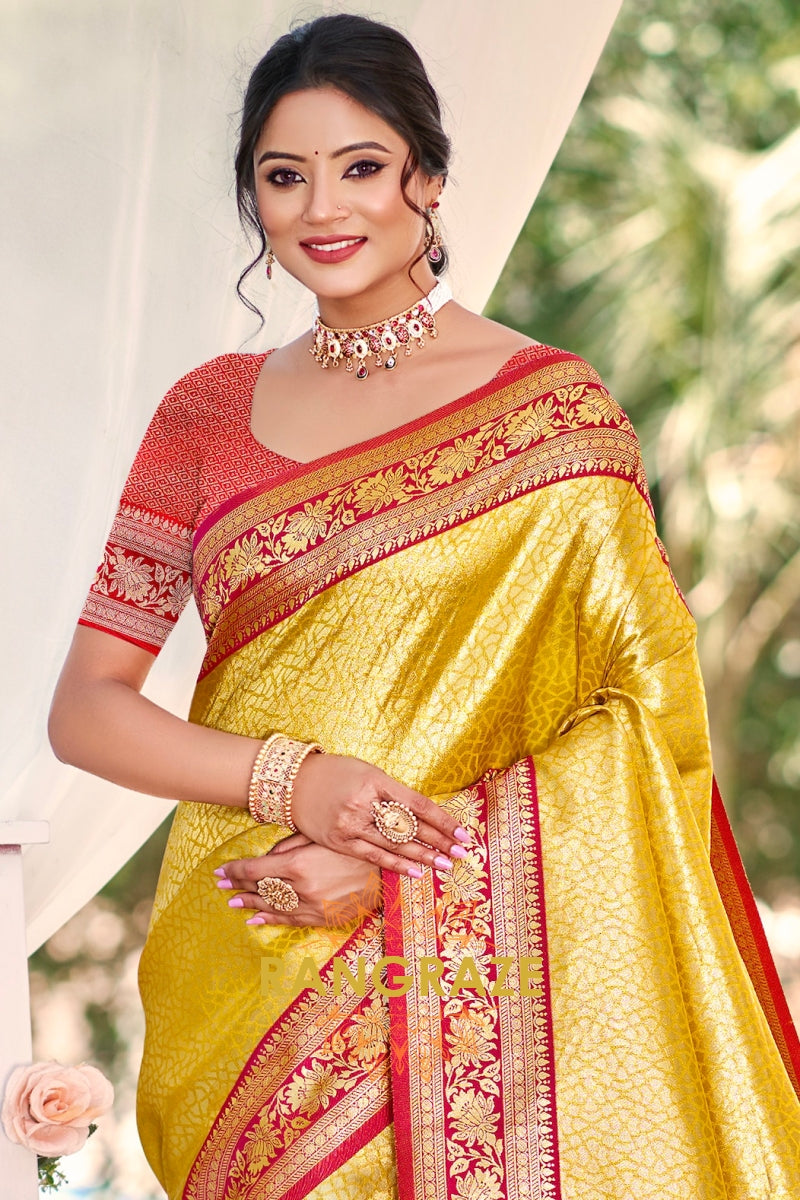 Golden Paithani Inspired Silk Saree with Red Zari Border