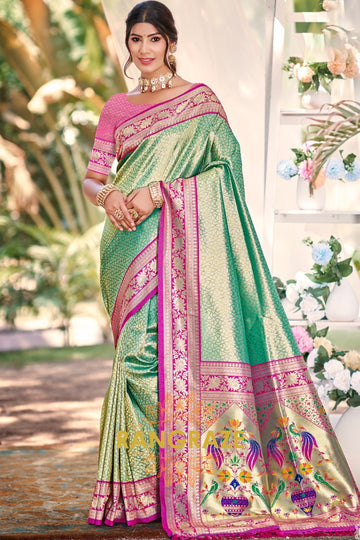 Mint Green Paithani Inspired Silk Saree with Pink Zari Border