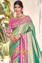 Mint Green Paithani Inspired Silk Saree with Pink Zari Border