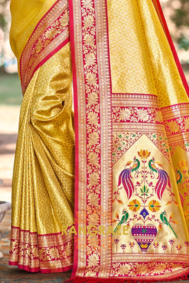 Golden Paithani Inspired Silk Saree with Red Zari Border