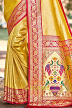 Golden Paithani Inspired Silk Saree with Red Zari Border