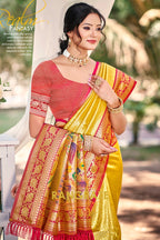 Golden Paithani Inspired Silk Saree with Red Zari Border