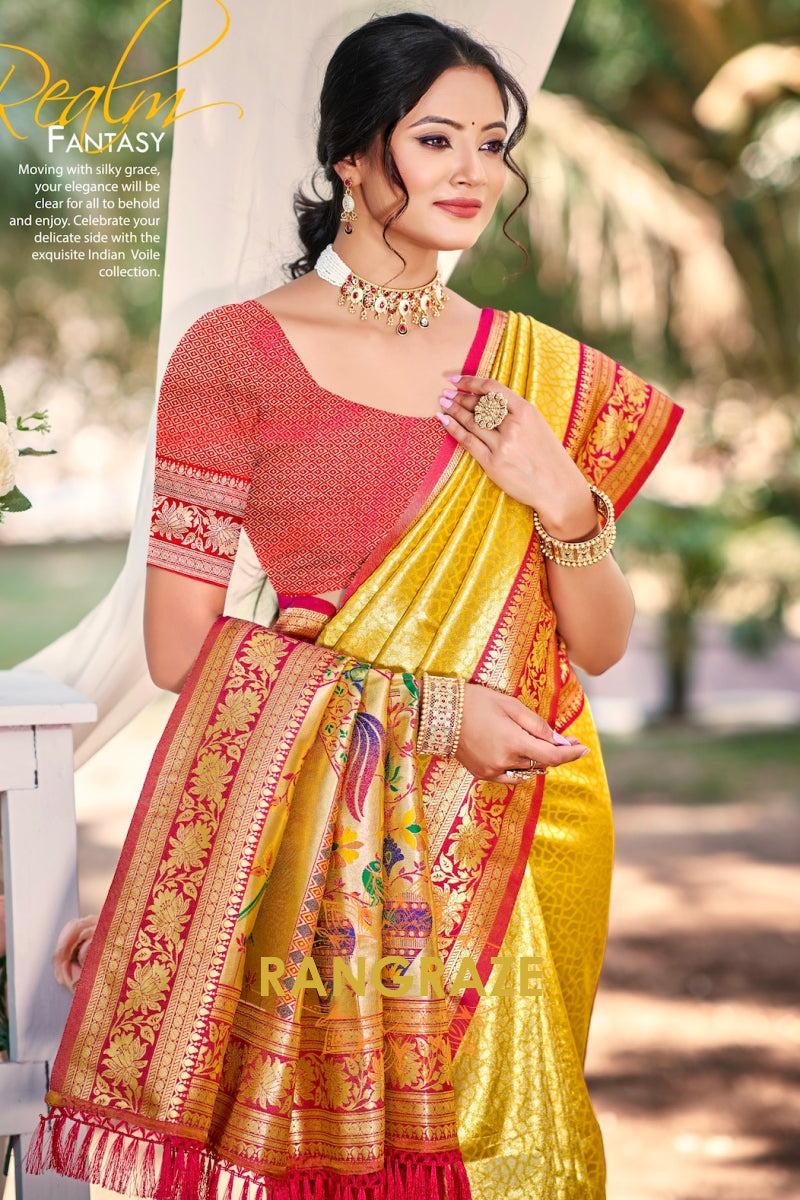 Golden Paithani Inspired Silk Saree with Red Zari Border