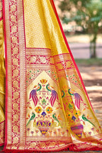 Golden Paithani Inspired Silk Saree with Red Zari Border