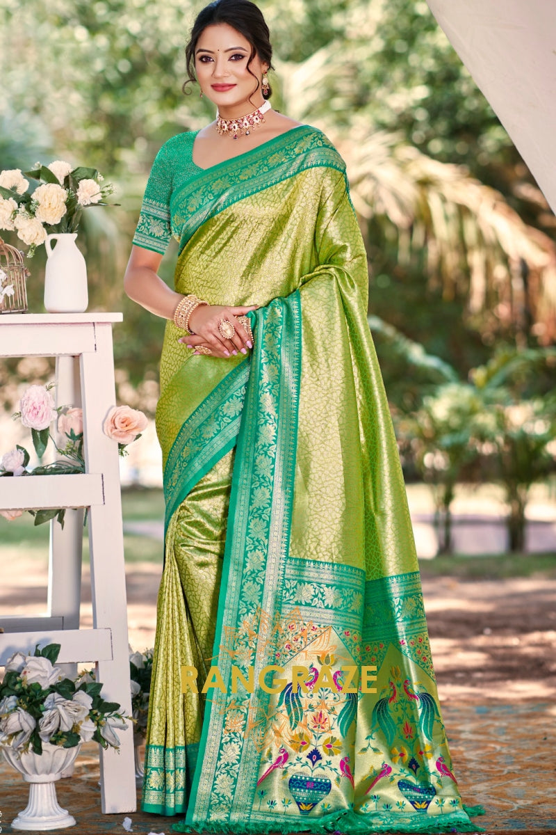Green Paithani Inspired Silk Saree with Teal Zari Border