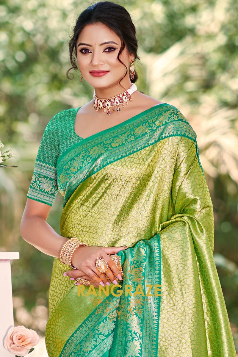 Green Paithani Inspired Silk Saree with Teal Zari Border