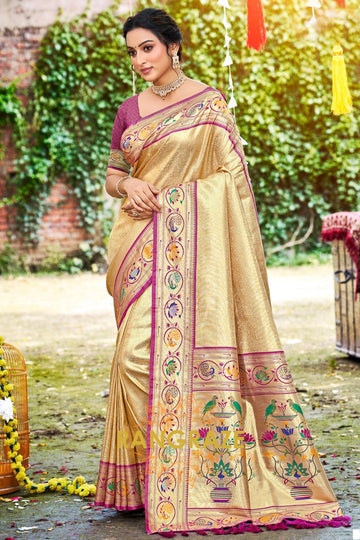 Golden Paithani Silk Saree with Traditional Motifs