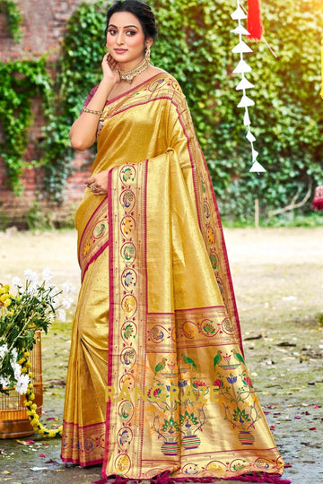 Golden Yellow Paithani Silk Saree with Traditional Motifs