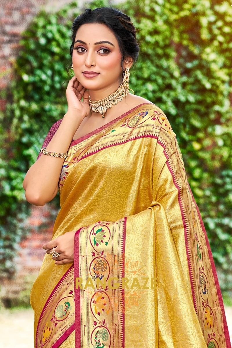 Golden Yellow Paithani Silk Saree with Traditional Motifs