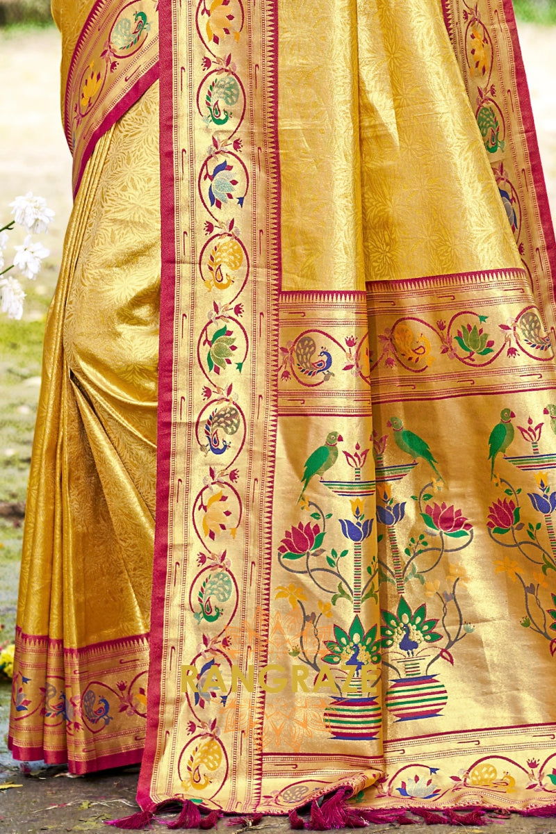 Golden Yellow Paithani Silk Saree with Traditional Motifs