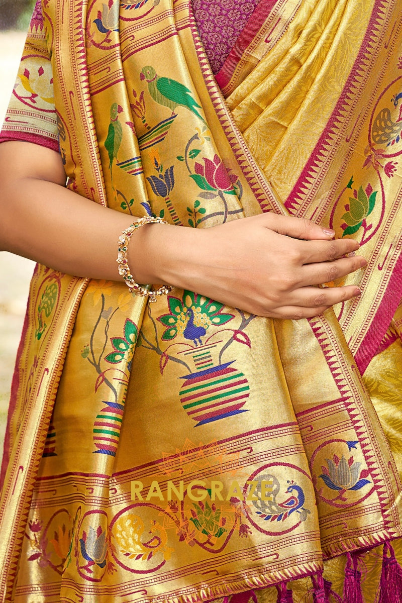 Golden Yellow Paithani Silk Saree with Traditional Motifs