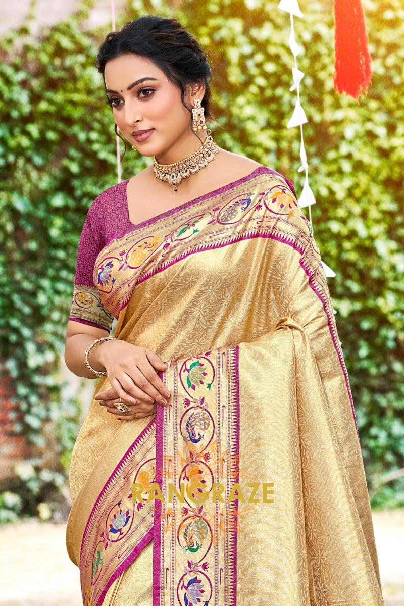 Golden Paithani Silk Saree with Traditional Motifs