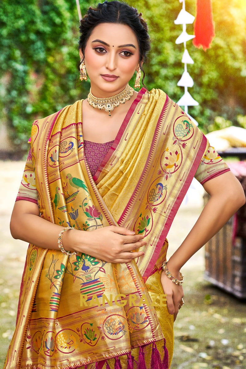 Golden Yellow Paithani Silk Saree with Traditional Motifs