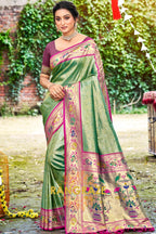 Dark Green Paithani Silk Saree with Traditional Motifs
