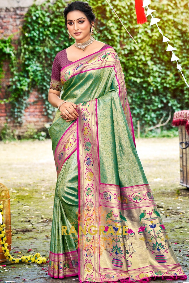 Dark Green Paithani Silk Saree with Traditional Motifs