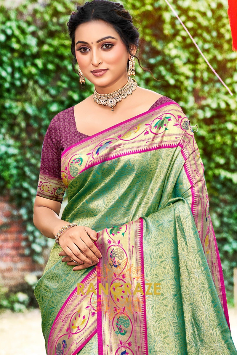 Dark Green Paithani Silk Saree with Traditional Motifs