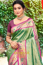 Dark Green Paithani Silk Saree with Traditional Motifs