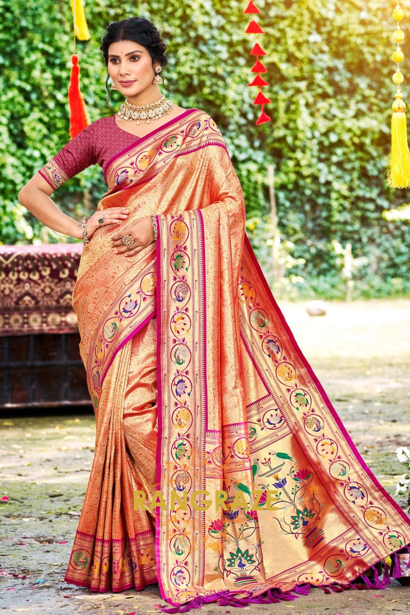 Peach Orange Paithani Silk Saree with Traditional Motifs