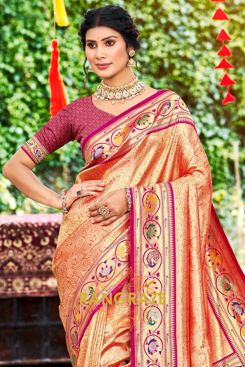 Peach Orange Paithani Silk Saree with Traditional Motifs