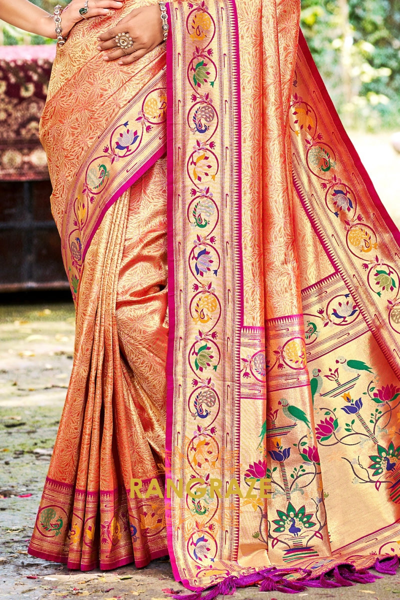 Peach Orange Paithani Silk Saree with Traditional Motifs