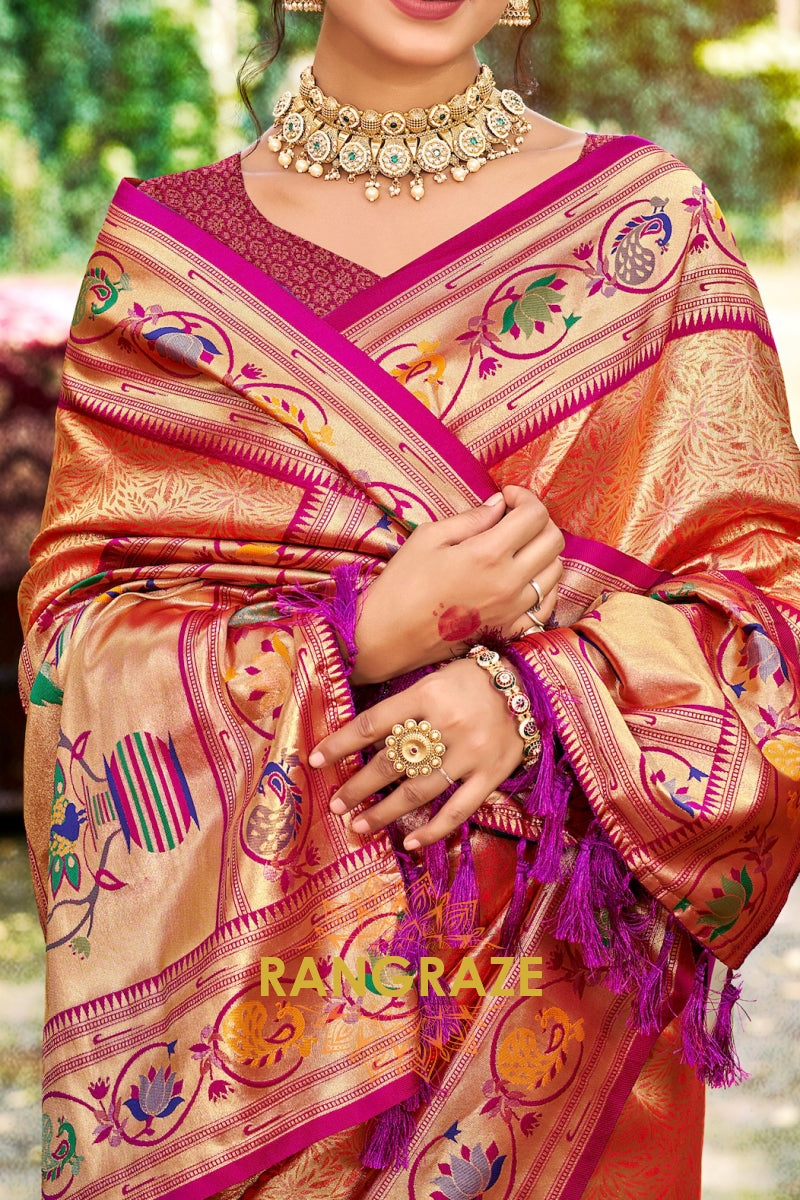 Peach Orange Paithani Silk Saree with Traditional Motifs