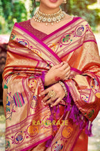 Peach Orange Paithani Silk Saree with Traditional Motifs