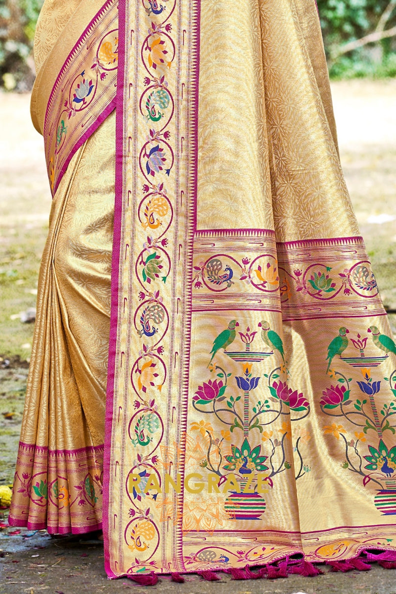 Golden Paithani Silk Saree with Traditional Motifs