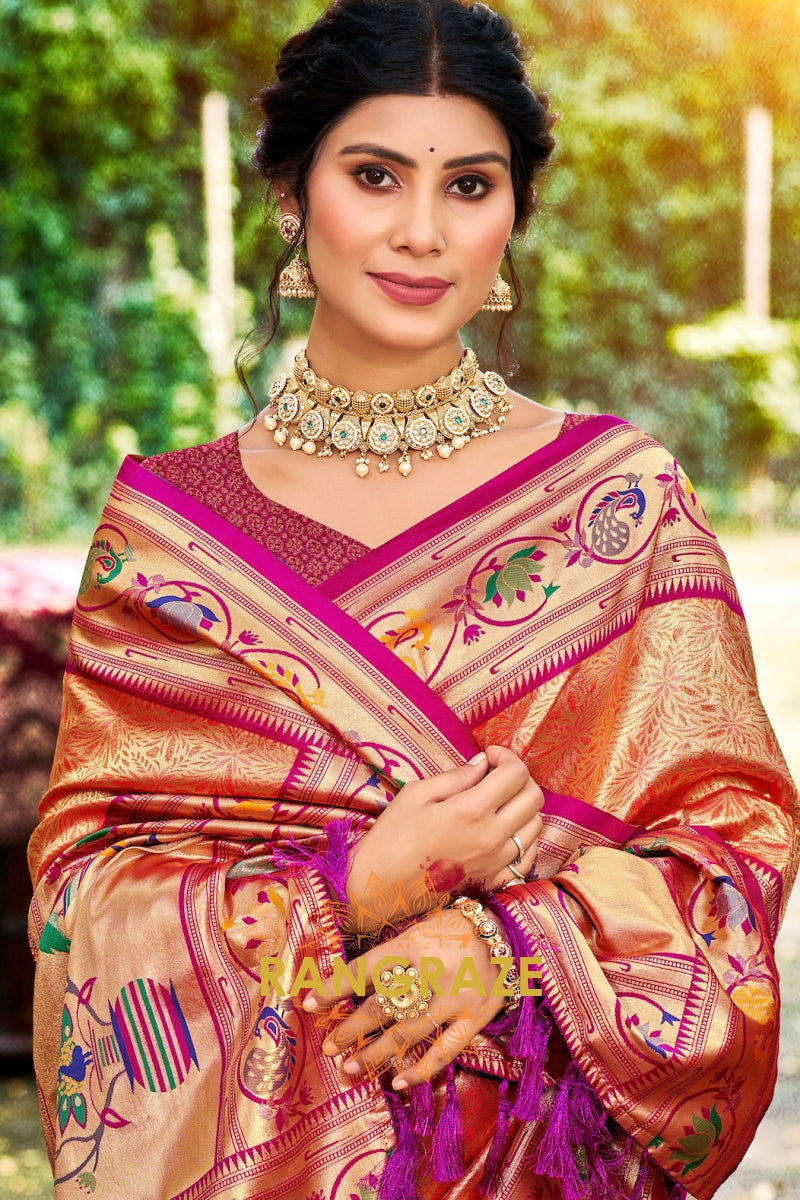 Peach Orange Paithani Silk Saree with Traditional Motifs