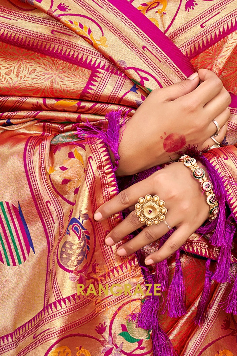 Peach Orange Paithani Silk Saree with Traditional Motifs
