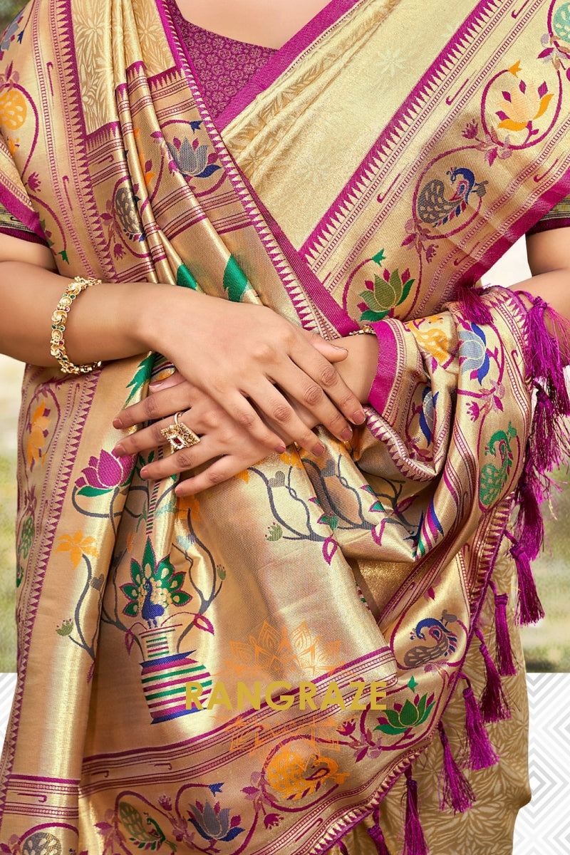 Golden Paithani Silk Saree with Traditional Motifs
