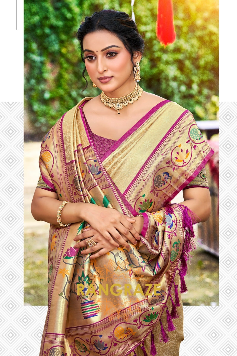 Golden Paithani Silk Saree with Traditional Motifs