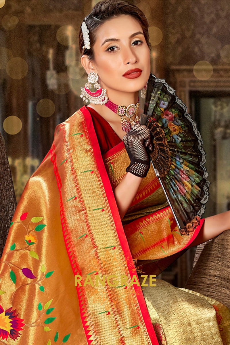 Golden Red Woven Paithani Silk Saree