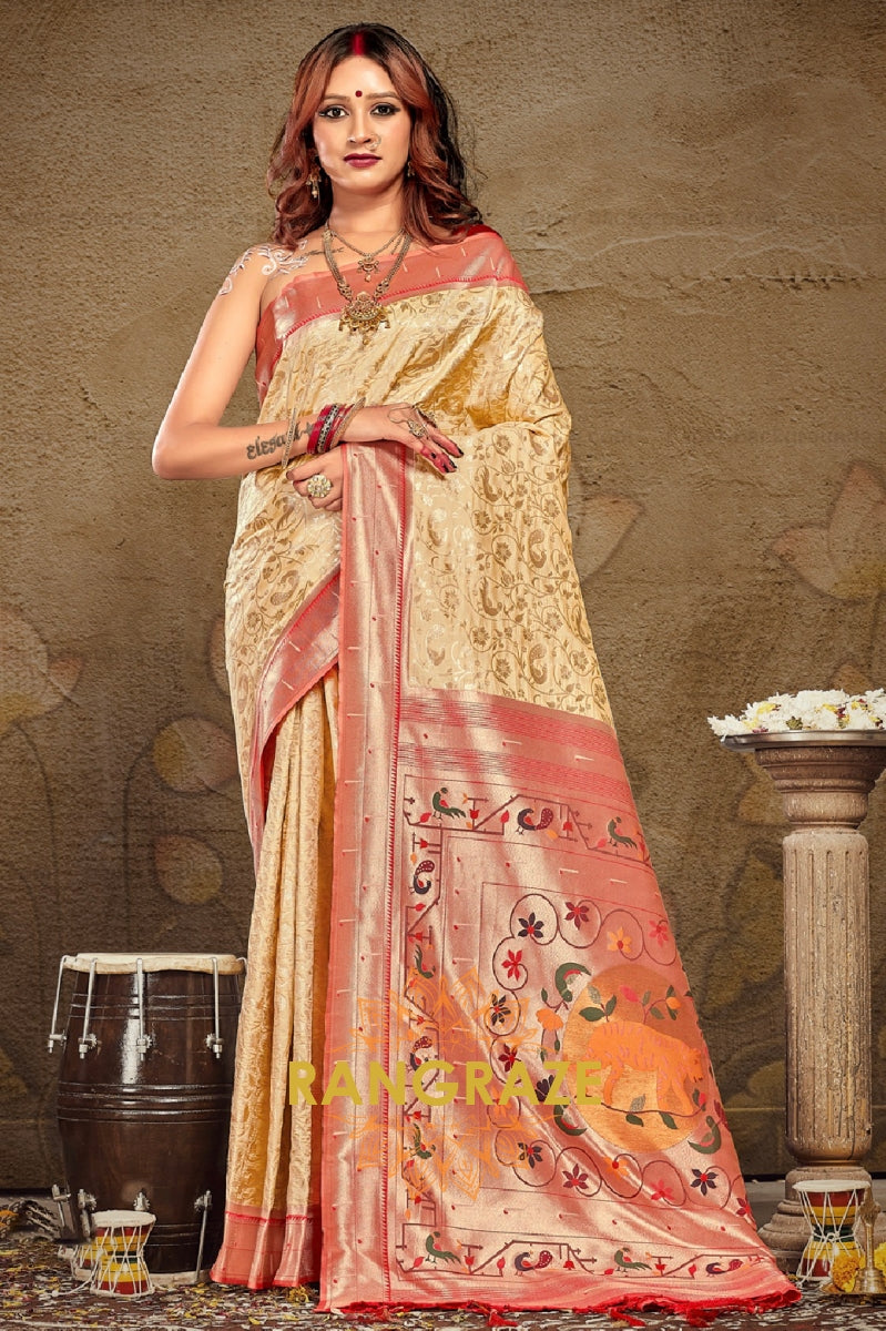 Charming Beige Heavy Zari Pallu Paithani Silk Saree