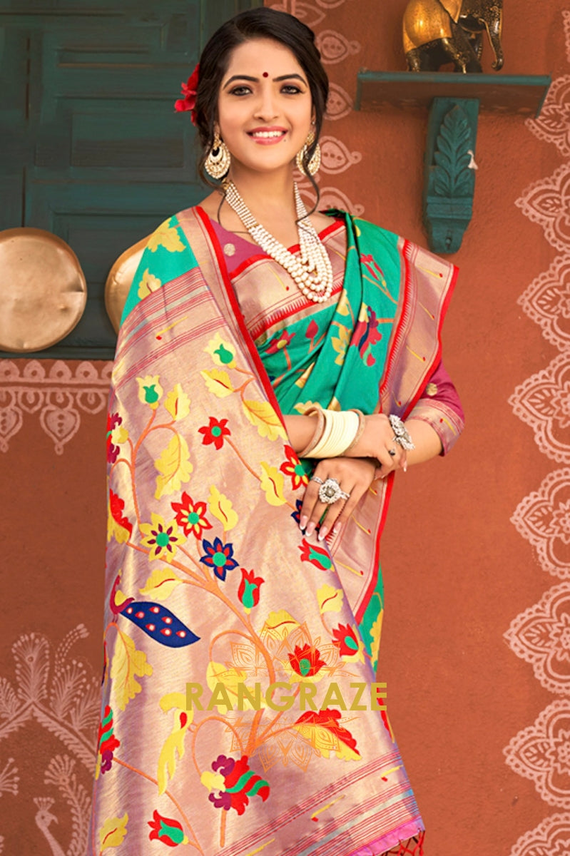 Ethereal Turquoise Heavy Zari Pallu Paithani Silk Saree