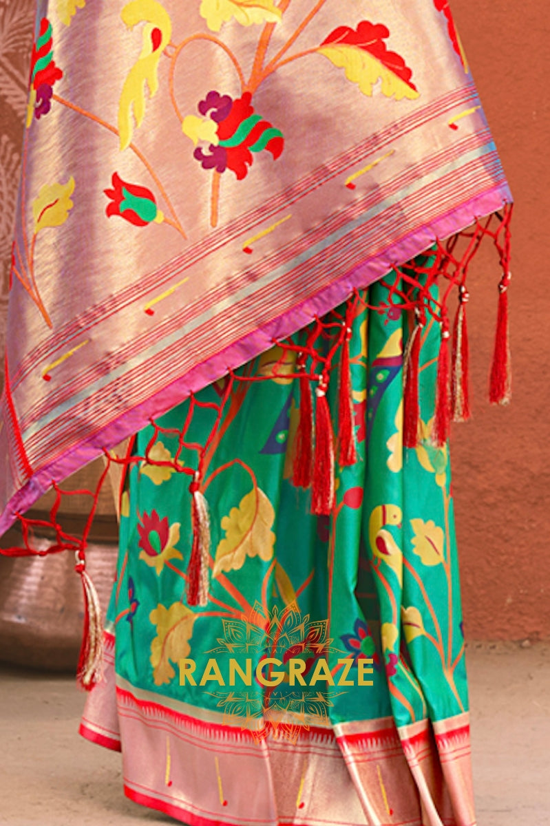 Ethereal Turquoise Heavy Zari Pallu Paithani Silk Saree