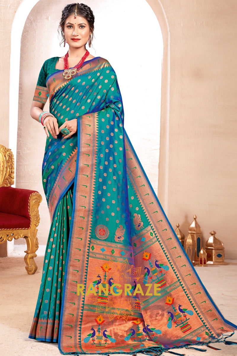 Turquoise Blue Woven Paithani Silk Saree