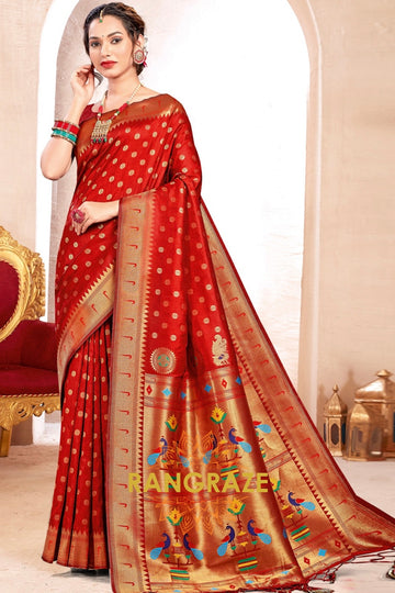 Crimson Red Woven Paithani Silk Saree