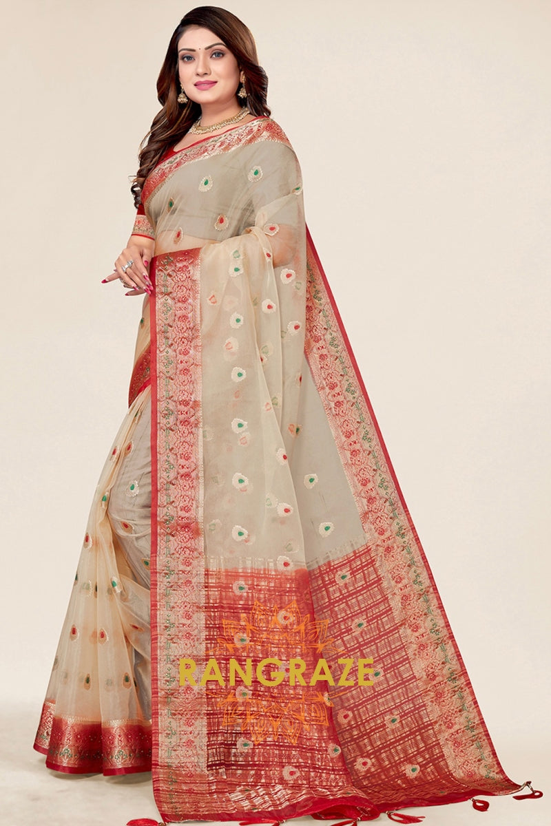 Stunning Beige Red Woven Organza Saree