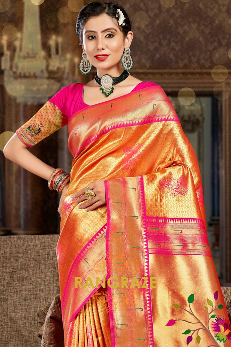 Golden Orange Woven Paithani Silk Saree