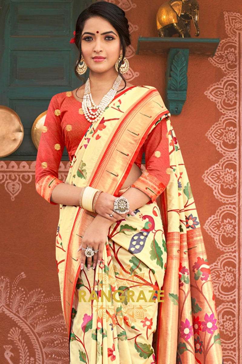 Ethereal Beige Heavy Zari Pallu Paithani Silk Saree