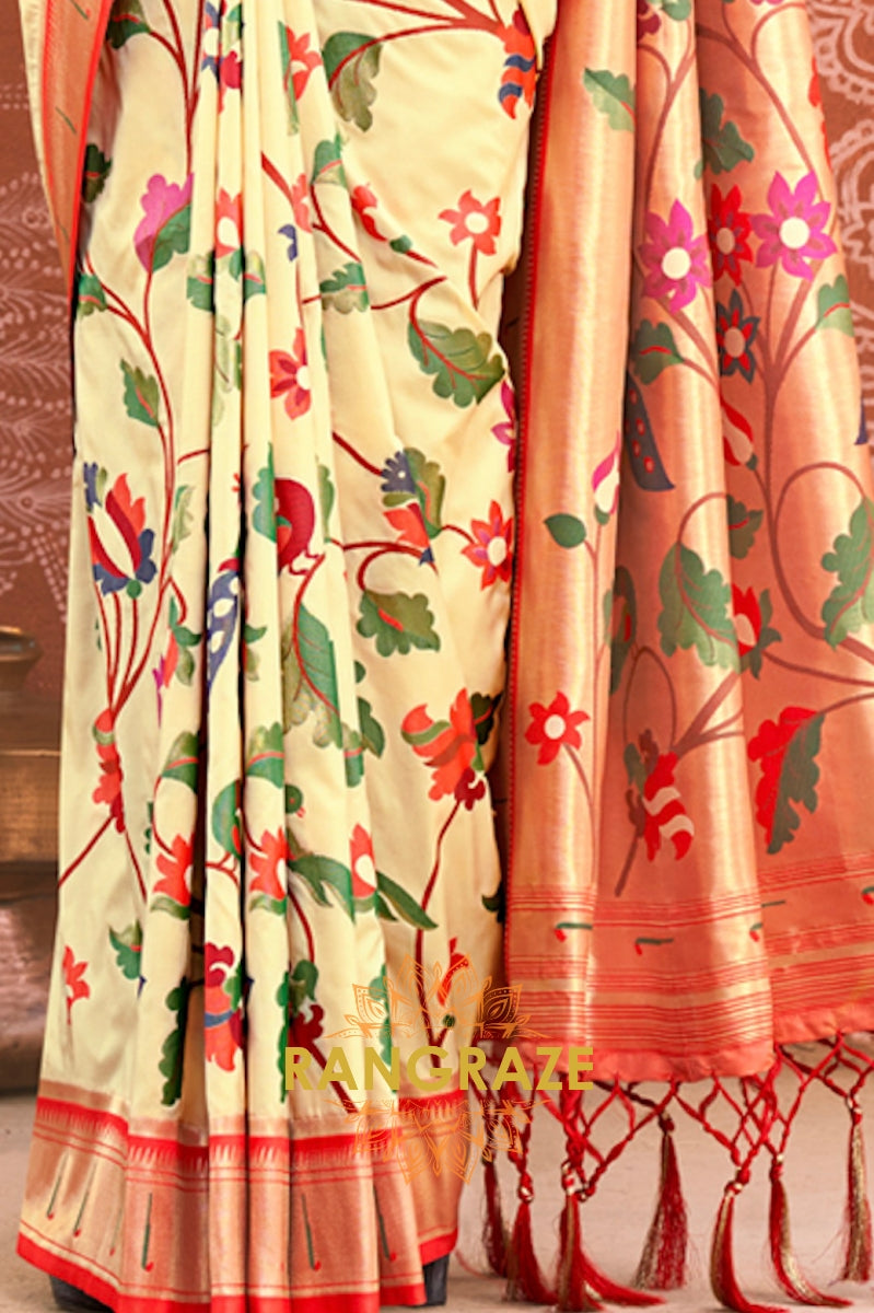 Ethereal Beige Heavy Zari Pallu Paithani Silk Saree