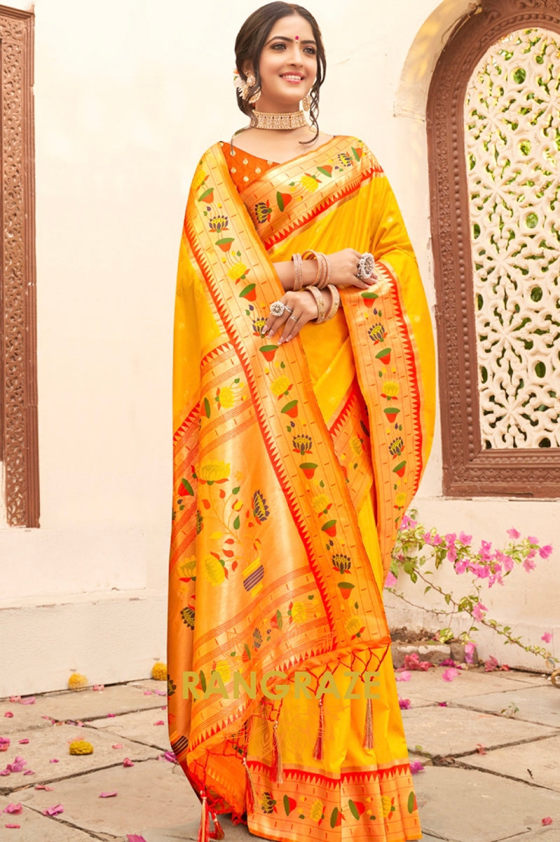 Alluring Golden Yellow Heavy Zari Pallu Paithani Silk Saree