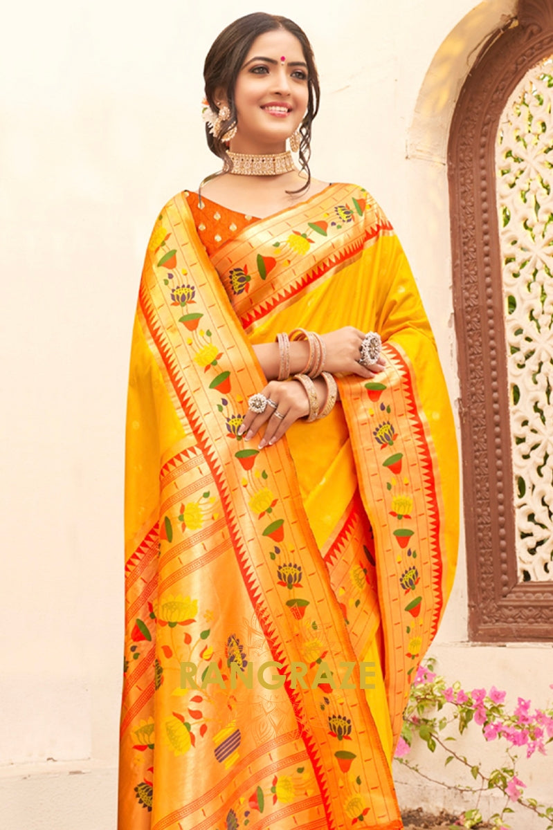 Alluring Golden Yellow Heavy Zari Pallu Paithani Silk Saree