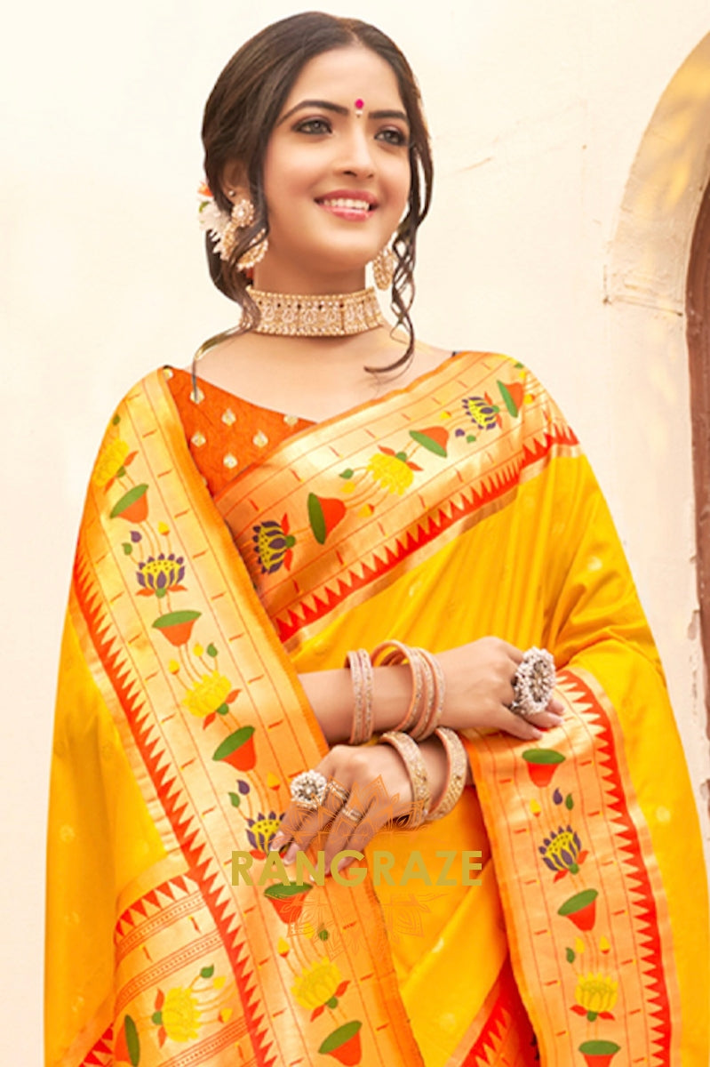 Alluring Golden Yellow Heavy Zari Pallu Paithani Silk Saree