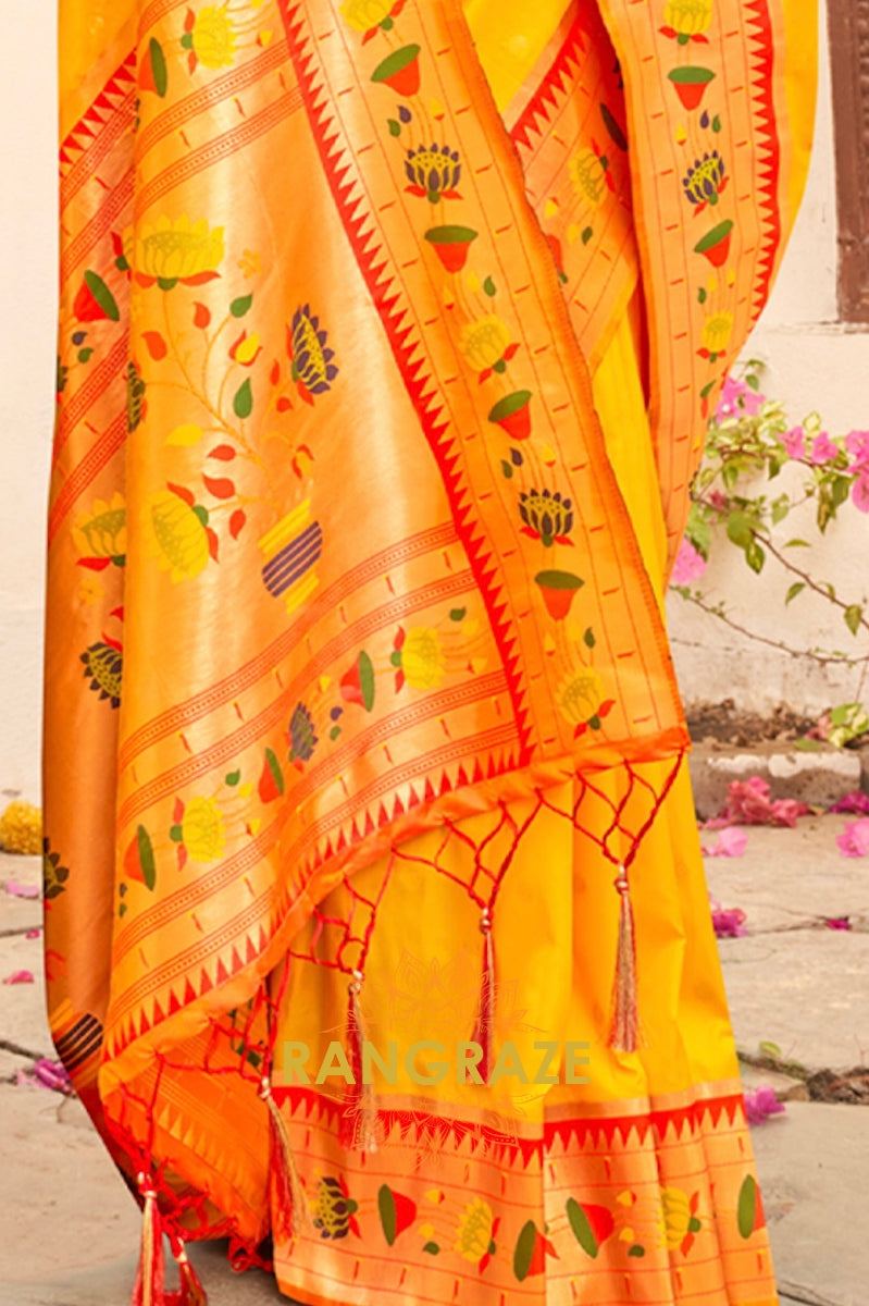 Alluring Golden Yellow Heavy Zari Pallu Paithani Silk Saree