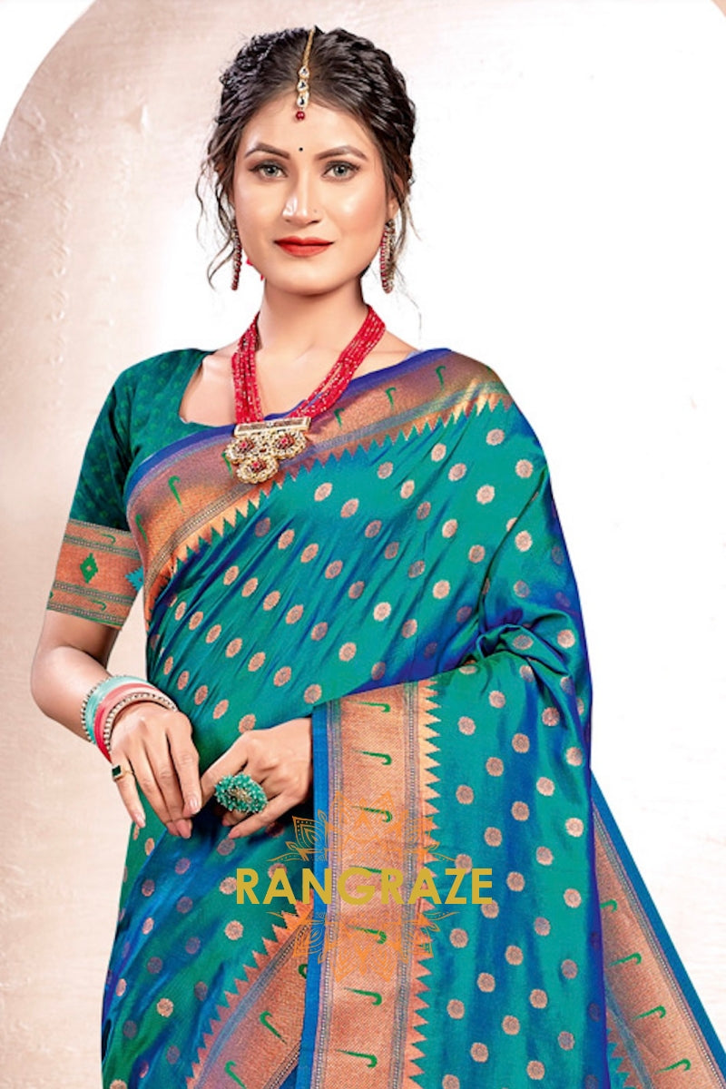 Turquoise Blue Woven Paithani Silk Saree