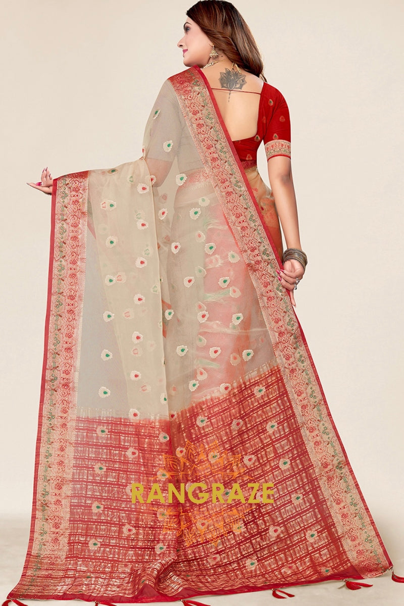 Stunning Beige Red Woven Organza Saree