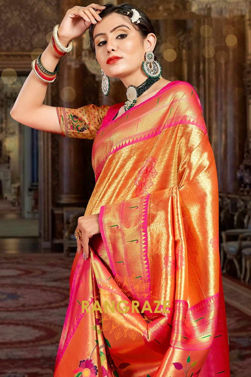 Golden Orange Woven Paithani Silk Saree