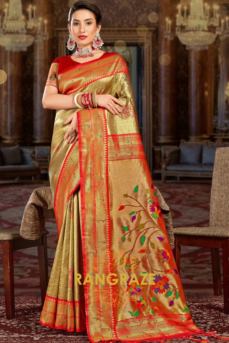 Golden Red Woven Paithani Silk Saree